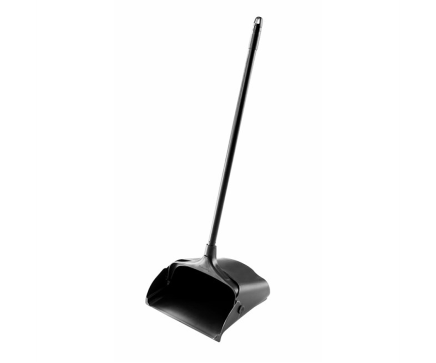 A black upright dustpan with a long handle designed for easy collection of debris. Rubbermaid® Executive Series™ Lobby Pro® Dustpan with Long Handle (11.3 in. x 5 in. x 12.8 in., 6/Case)